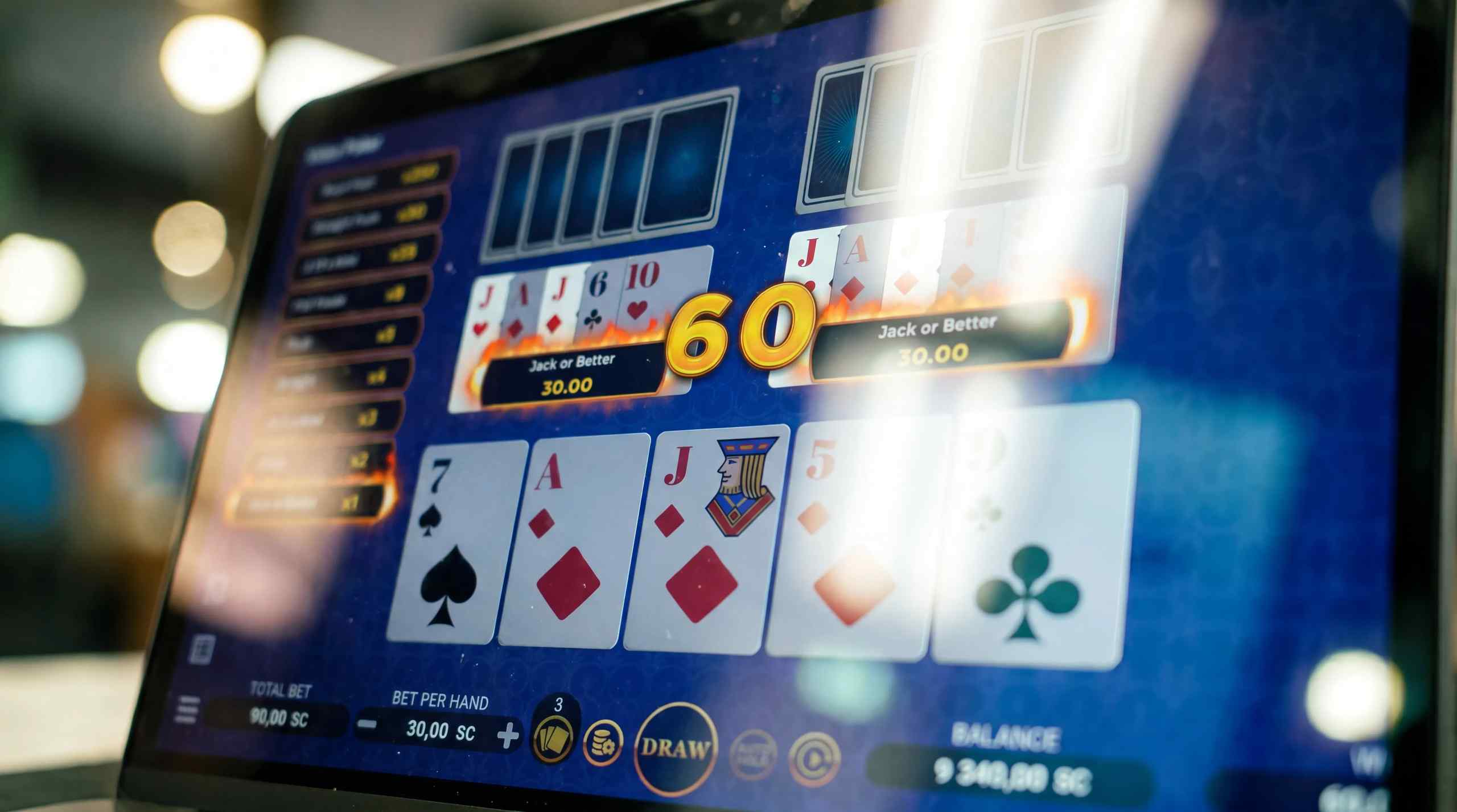 The screen of a video poker machine.